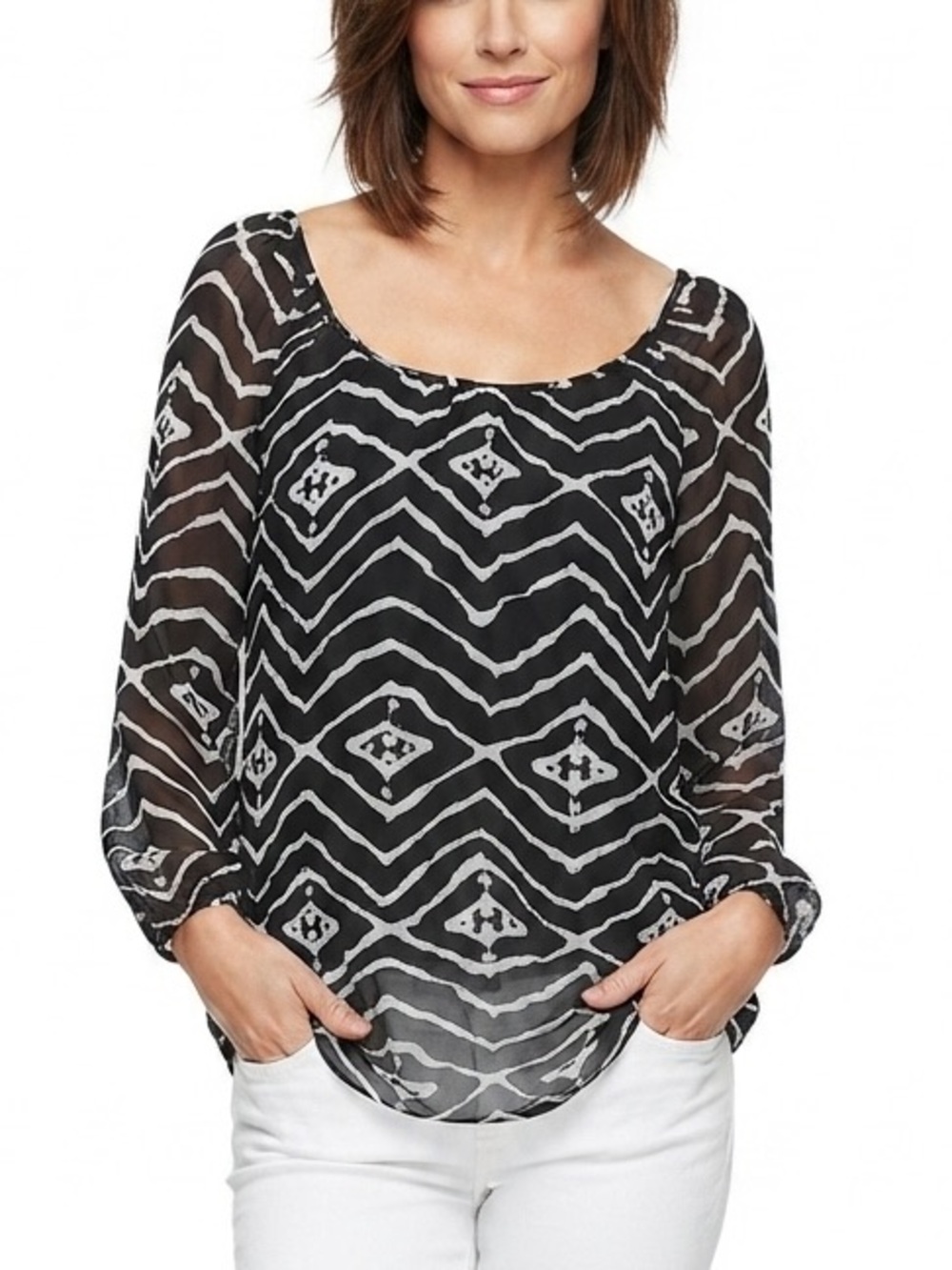 DANIEL RAINN Abstract Geometric Aztec Black White Sheer Chiffon Flowy Sz Medium